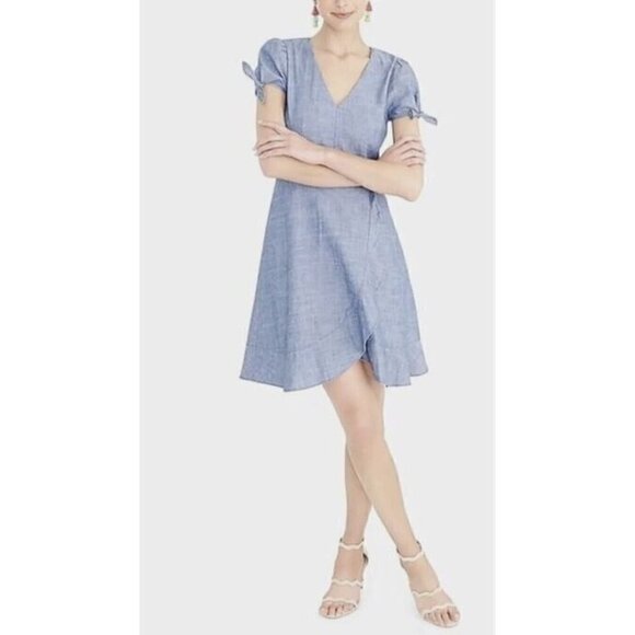 J Crew Dress Womens 4 Blue Chambray Faux Wrap Ruffle V Neck Cotton Boho - Picture 1 of 9